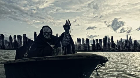 Mythical characters float on a boat on the river. Apocalypse. Stock Footage 96237017