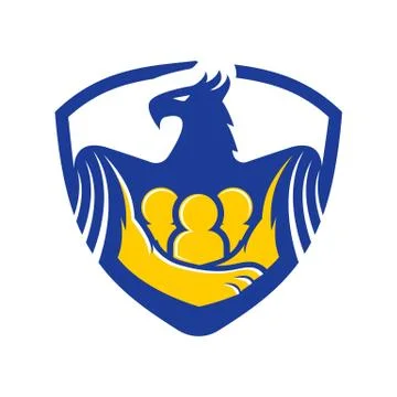 Mythical creature griffin protecting people shield vector icon Stock Illustration