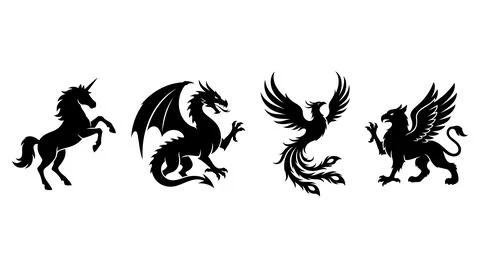 Mythical creature silhouette collection with powerful griffin standing profile Stock Illustration