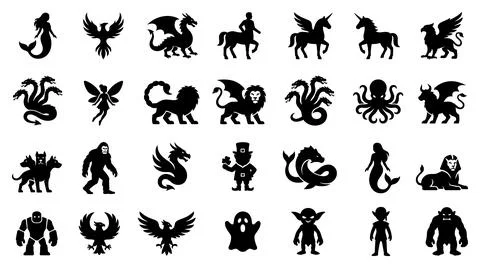 Mythical creature silhouette collection vector icons set for fantasy design Stock Illustration