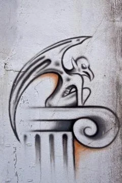 Mythical creature, winged demon from hell, graffiti on a wall Illustrazione stock