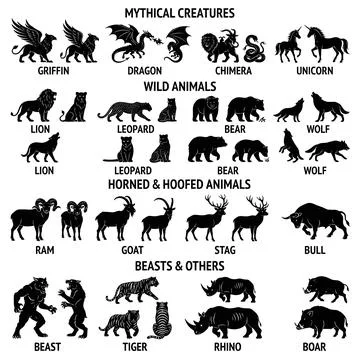 Mythical creatures and wild animals vector icons set, black silhouettes of .. Stock-Illustration
