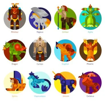 Mythical creatures icons set Stock Illustration