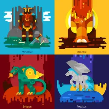 Mythical Creatures Minotaur Dragon Phoenix Pegasus Stock Illustration