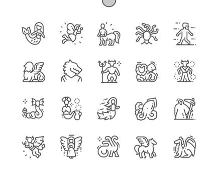 Mythical creatures Well-crafted Pixel Perfect Vector Thin Line Icons Illustrazione stock