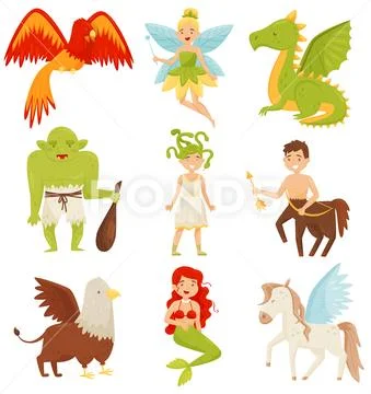 Mythical fairy tale creatures set, Centaur, Pegasus, Griffin, Medusa Gorgon Stock Illustration