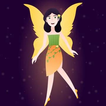 Mythical flying creature on dark background, little cute fairy in yellow dress Stock Illustration