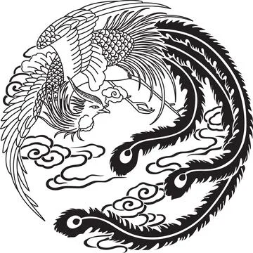 Mythical Phoenix Bird Design, Yin Yang Symbolism, Clouds Stock Illustration