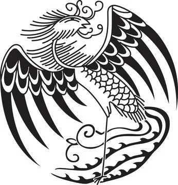 Mythical Phoenix Bird Illustration, Circular Design, Line Art Illustrazione stock