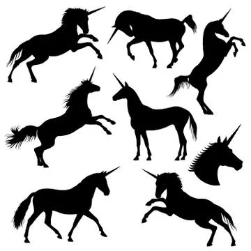 Mythical rebellious unicorn vector black silhouettes Illustrazione stock