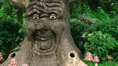 Mythical talking tree sprookjesboom face expression portrait shot Stock Footage 339871067