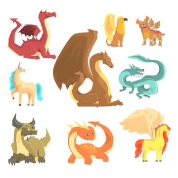 Mythological animals, set for label design. Dragon, unicorn, pegasus, griffin Stock Illustration