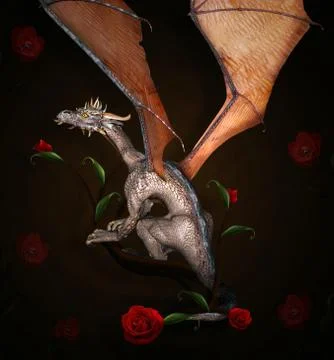 Mythological dragon with red roses Stock Illustration