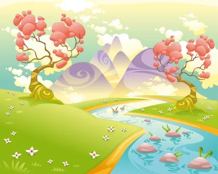Mythological landscape with river. Stock-Illustration