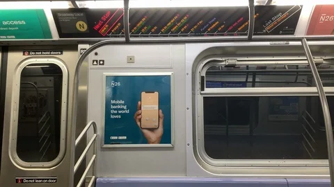 N Train interior subway sign moving window view NYC 스톡 동영상 120662032