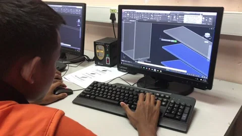 N Unidentified student doing 3D designing using AUTOCAD in the Design Lab Stock Footage 109537573
