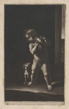Naakt kind met een hond.A nude child holds a young dog in the hands. Anoth... Stock Photos