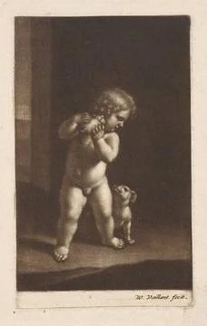 Naakt kind met een hond.A nude child holds a young dog in the hands. Anoth... Stock Photos