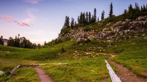 Naches Peak Loop Trail at Sunset in Mount Rainier National Park, Washington Stat Stock Footage 332141609