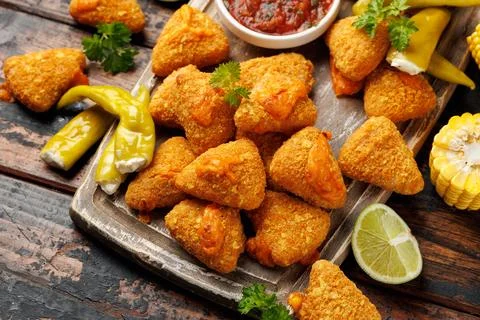 Nacho Cheese Bites with Salsa, Corn and Pickled Peppers on Wooden Board Stock Photos