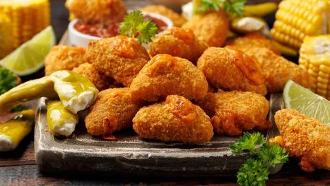 Nacho Cheese Bites with Salsa, Corn and Pickled Peppers on Wooden Board Stock Photos