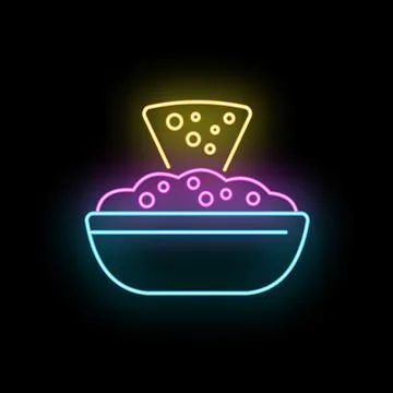 Nacho tortilla chip dipping into salsa neon icon Stock Illustration