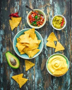 Nachos and assorted dips Stock Photos