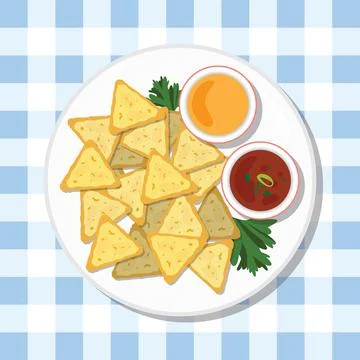 Nachos corn chips with salsa and cheese sauce healthy diet meal on plate. Vector イラスト素材