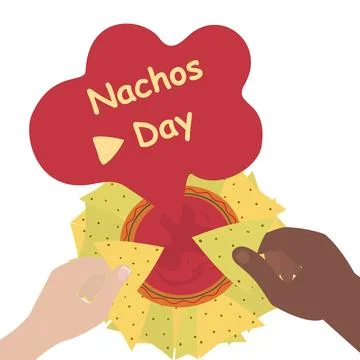 Nachos Day Spinach and corn tortilla chips in man and woman hands dipping them Stock Illustration