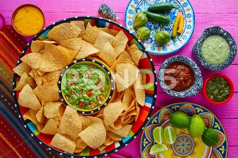 Nachos with guacamole tortilla chips sombrero Stock Photos