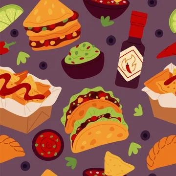 Nachos seamless pattern. Traditional mexican food, spicy dishes, tasty products Stock Illustration
