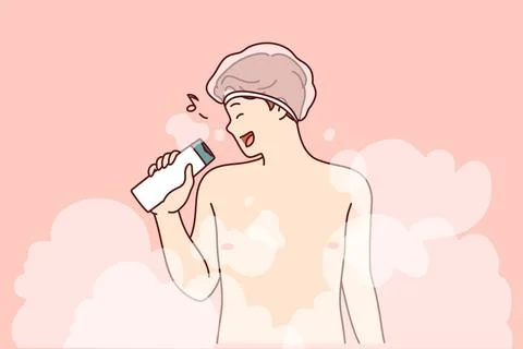 Nackter Mann singt in Dusche mit Shampoo statt Mikrofon und steht in Puffs... Stock Photos