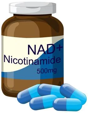 NAD Plus Nicotinamide Supplement Bottle with Blue Capsules Illustrazione stock
