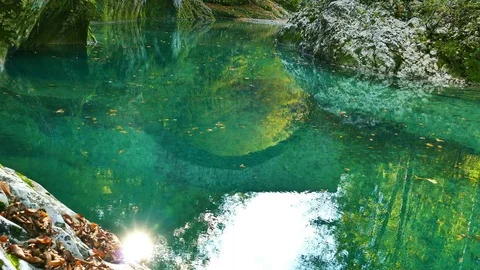 Nadiza river with Napoleon's bridge reflected in water Stock Footage 85205053