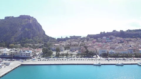 Nafplio-37-CG Right to left above the urban setting and the harbor Stock Footage 103363499