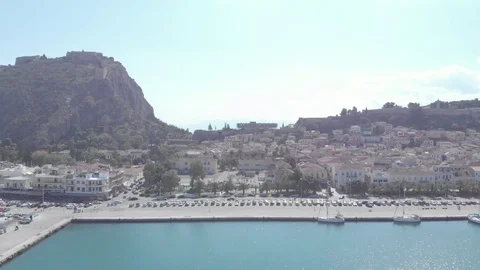 Nafplio-37 Right to left above the urban setting and the harbor Stock Footage 103363495