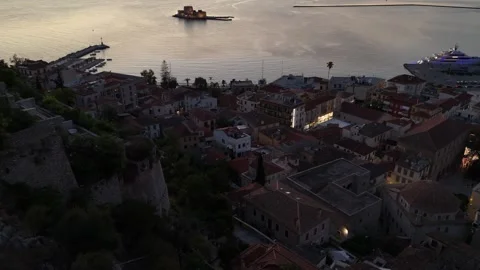 Nafplion,Aerial view circle pan right from the clock tower over the historical Stock Footage 327333524