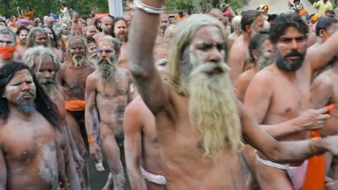 Naga sanyasis , Hindu devotees going for shahi snaan on Kumbhmela. Stock Footage 169671704