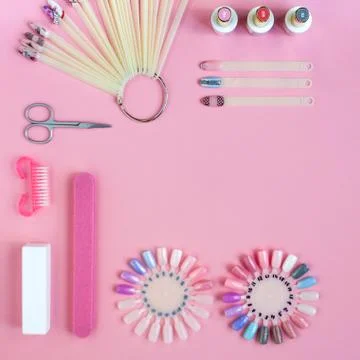 Nail care. set of professional manicure tools. Top view of manicure and pedicure Fotos de archivo