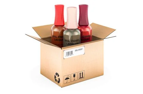 Nail enamel lacquer bottles inside cardboard box, delivery concept. 3D render Stock Illustration