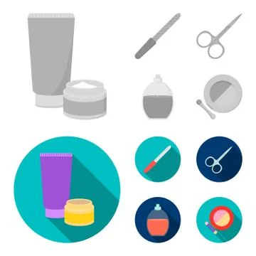Nail file, scissors for nails, perfume, powder with a brush.Makeup set Stock Illustration