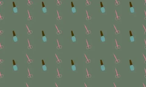 Nail polish bottles and scissors pattern on green background Stock Illustration