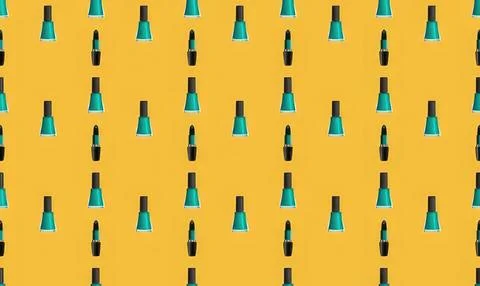Nail polish bottles pattern on yellow background Stock Illustration