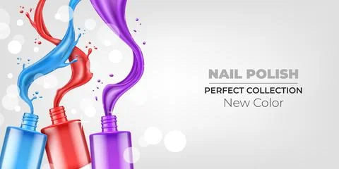 Nail polish splash. Manicure and pedicure salon. Cosmetic 3d beauty product Stock Illustration