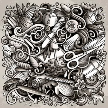 Nail Salon hand drawn vector doodles illustration. Manicure poster design. Stock Illustration