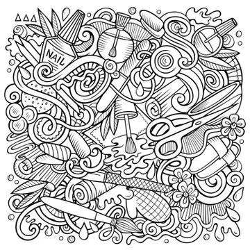 Nail Salon hand drawn vector doodles illustration. Manicure poster design. Stock Illustration