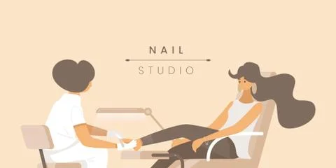 Nail studio flat banner vector template. Pedicurist and young woman cartoon Stock Illustration