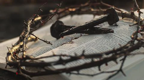 Nails and crown of thorns on Bible Stock Photos