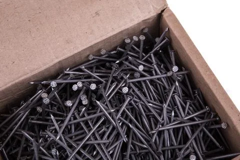 Nails in a box on a white background Stock Photos