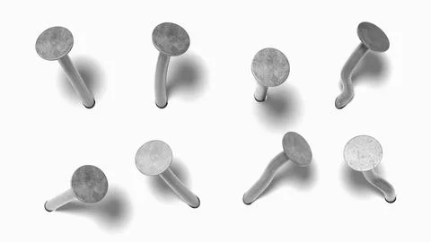 Nails hammered into wall 3d render icons set. Straight and bent metal spikes Illustrazione stock